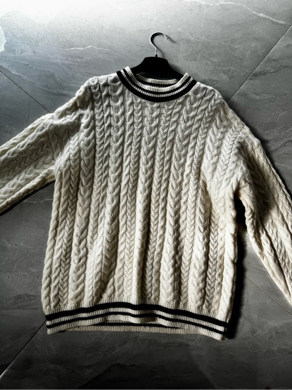 Classic Cream Cable-Knit Crewneck Sweater with Black Trim